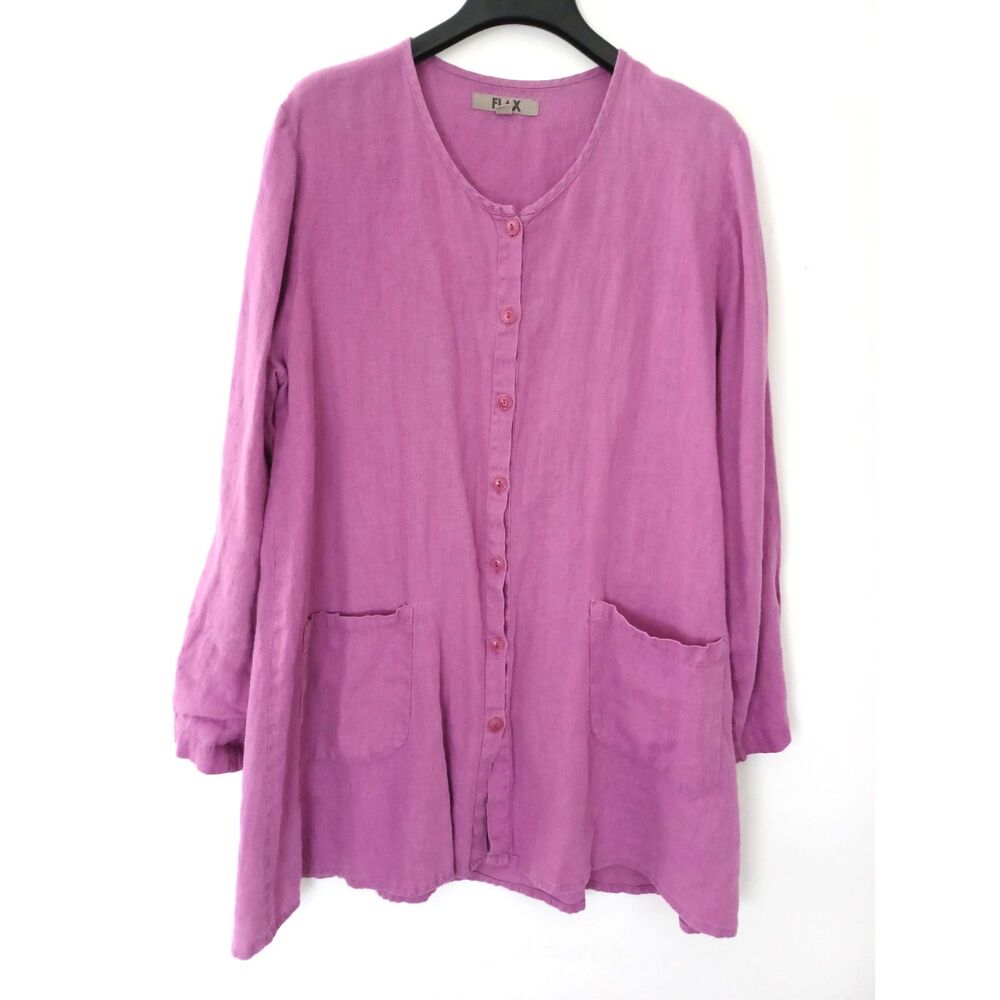 FLAX 100% Linen Button Down Tunic Top Shacket Medium Lagenlook Beach Pockets